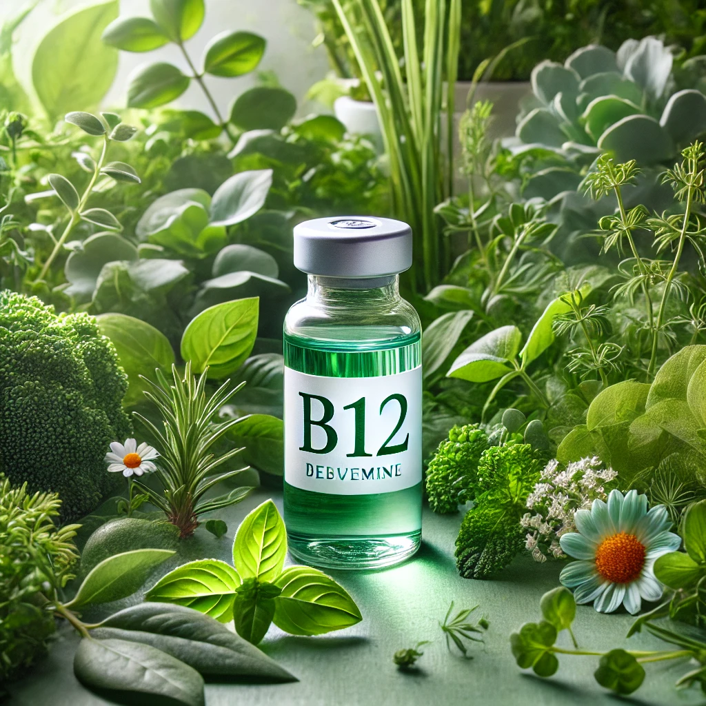 DALL·E 2025-02-17 14.38.36 - A close-up image of a clear B12 vial placed in a vibrant, healthy green environment. The vial is in focus and transparent, surrounded by lush green pl DALL·E 2025-02-17 14.38.36 - A close-up image of a clear B12 vial placed in a vibrant, healthy green environment. The vial is in focus and transparent, surrounded by lush green pl